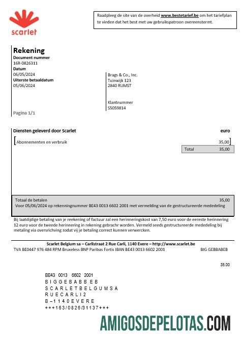 realista Modelo de conta de serviços públicos escarlate da Bélgica em formato Word e PDF